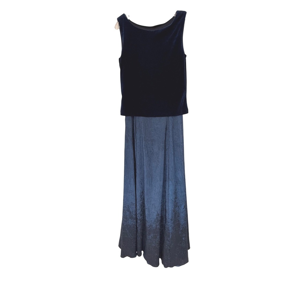Arianna by Rachel Kaye Navy Blue Velvet Crinkle Satin Maxi Dress Size 6 Event